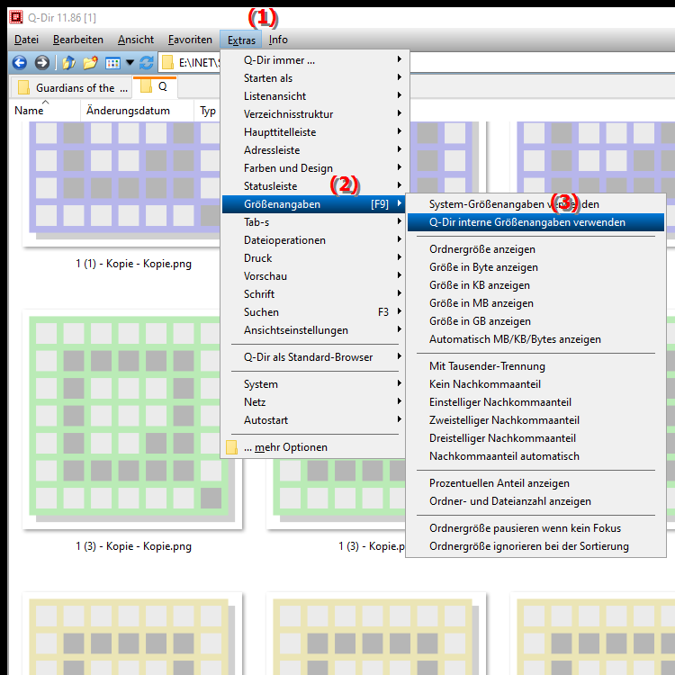 Kann ich die Größenangaben von Dateien im Quad Datei Explorer Q Dir individualisieren